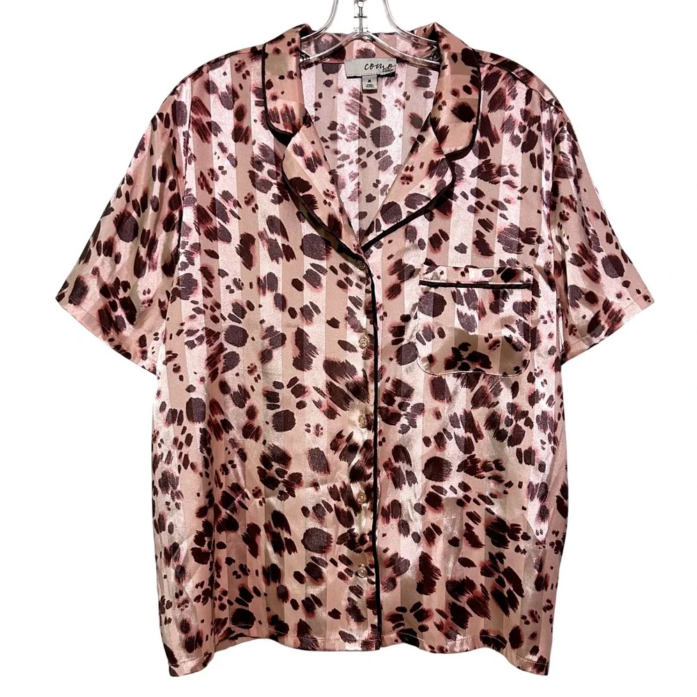Como Sleep Womens Pink Leopard Striped Satin Pajama Pant Set Button Front Size M